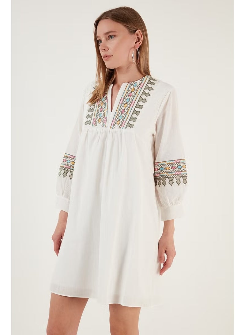 Lela Cotton Embroidery Detailed Comfortable Cut V-Neck Mini Dress Women's Dress 611EL269 - Image 3